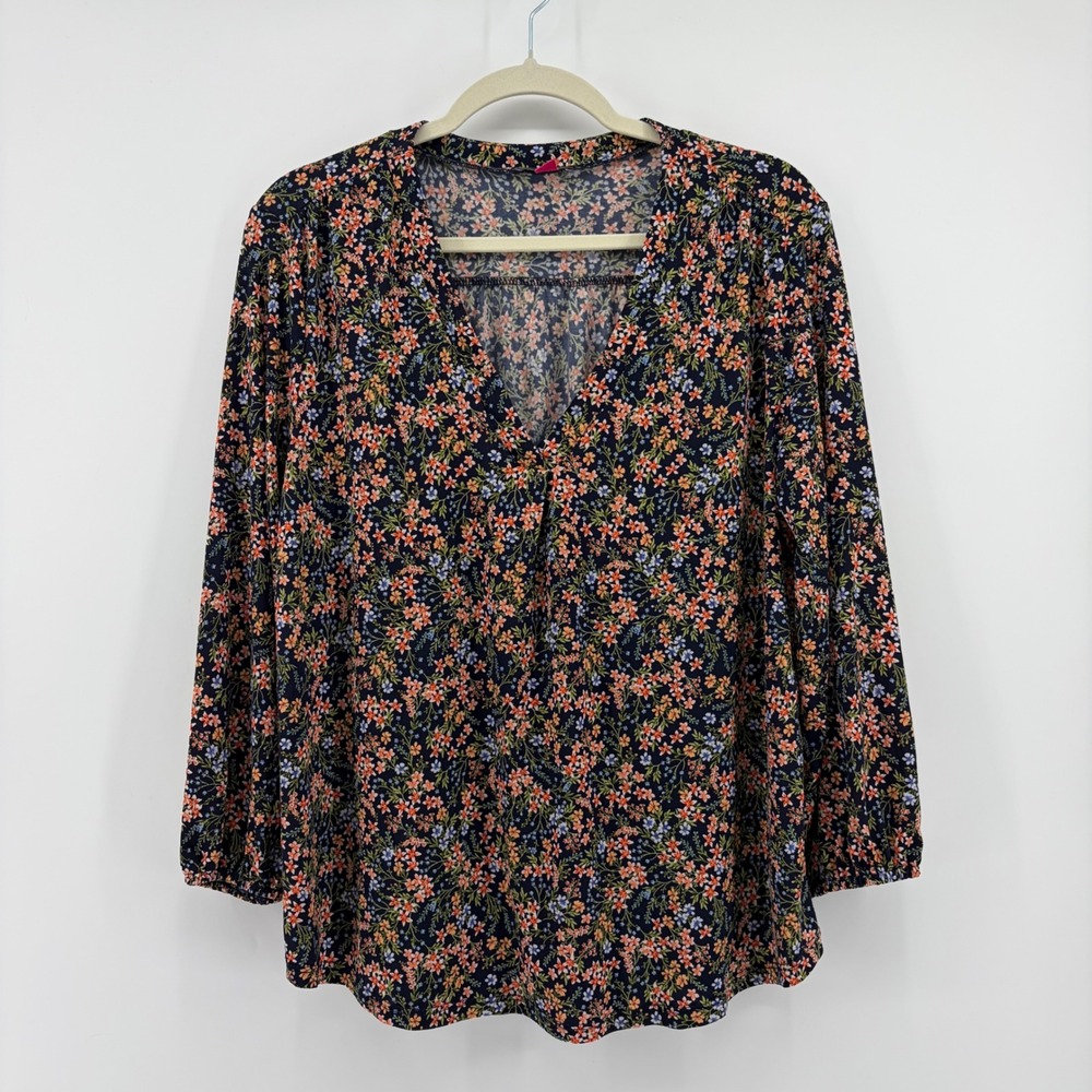 Vince Camuto Womens Large‎ Navy Blue Floral V-Neck Blouse Long Sleeve Jersey Top